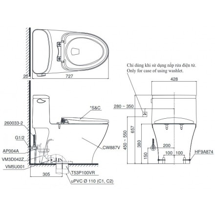 Bản vẽ bồn cầu TOTO MS887RT8 1 khối