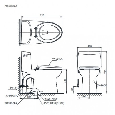 Bản vẽ kỹ thuật bồn cầu TOTO MS905T3