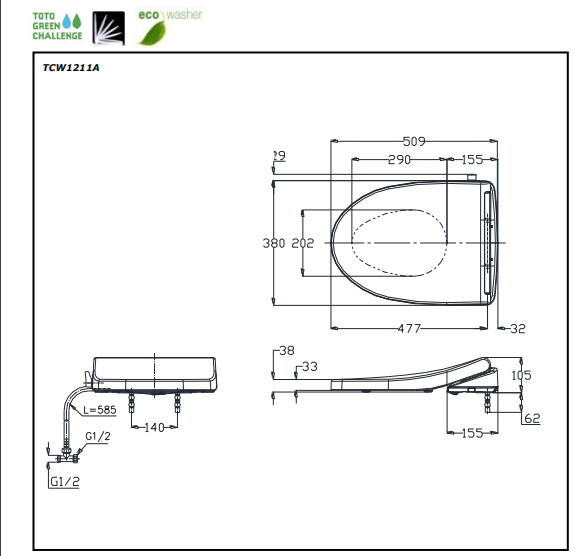 Bản vẽ kĩ thuật Nắp rửa điện tử TOTO WASHLET TCF4911EZ