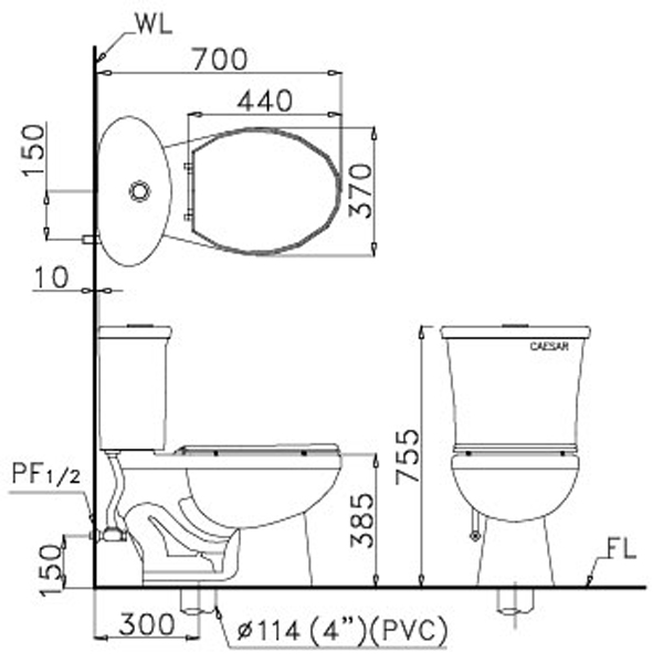 Sơ đồ lắp đặt Bàn cầu nắp điện tử Caesar CT1328 + TAF200H