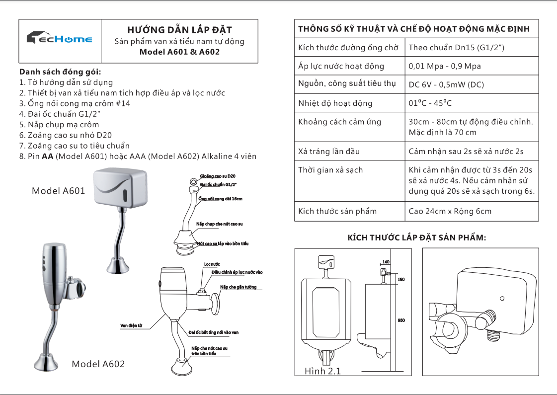 Hướng dẫn lắp đặt Van cảm ứng Techome A601